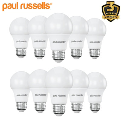 paul russells LED GLS Dimmable Bulb Edison Screw ES E27, 8.5W 806Lumens 60w Equivalent, 2700K Warm White Light Bulbs, Pack of 10