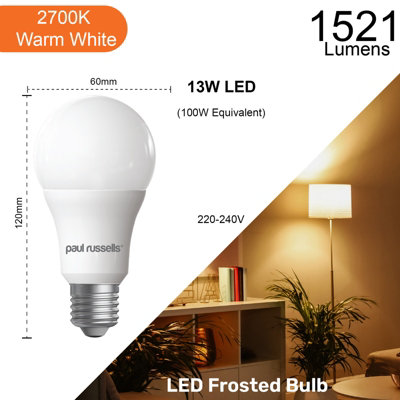 paul russells LED GLS Light Bulbs Edison Screw E27 ES Cap, 100w Equivalent, 13W 1521LM LED Bulbs, 2700K Warm White, Pack of 3