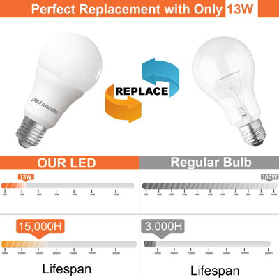 paul russells LED GLS Light Bulbs Edison Screw E27 ES Cap, 100w Equivalent, 13W 1521LM LED Bulbs, 2700K Warm White, Pack of 3