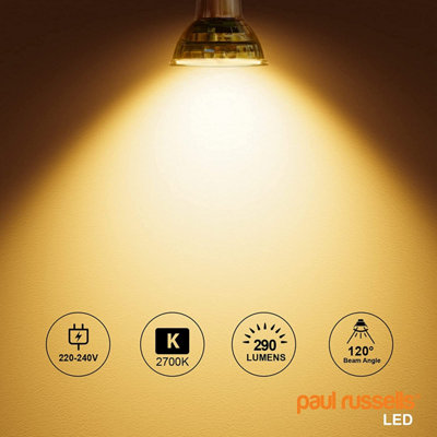 paul russells LED GU10 Light Bulb, 3.5W 290 Lumens, 25w Equivalent, 2700K Warm White, Ceiling Spotlights, Pack of 3