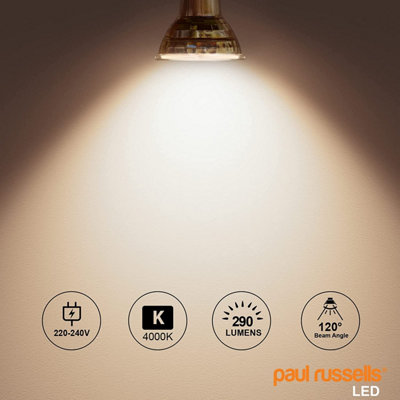 paul russells LED GU10 Light Bulb, 3.5W 290 Lumens, 25w Equivalent, 4000K Cool White, Ceiling Spotlights, Pack of 6