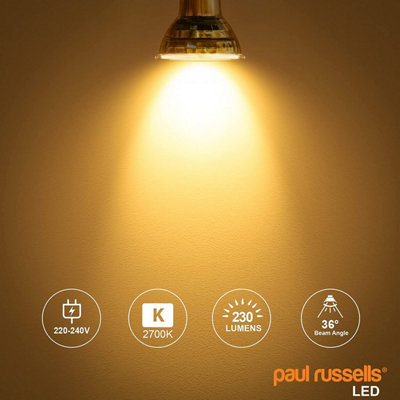 paul russells LED GU10 Light Bulb, 3W 230 Lumens, 35w Equivalent, 2700K Warm White, Ceiling Spotlights, Pack of 10