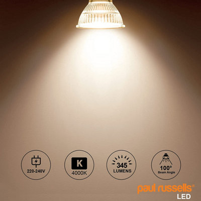 paul russells LED GU10 Light Bulb, 3W 345 Lumens, 30w Equivalent, 4000K Cool White, Ceiling Spotlights, Pack of 6