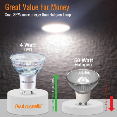 paul russells LED GU10 Light Bulb, 4W 345 Lumens, 50w Equivalent, 6500K Day Light, Ceiling Spotlights, Pack of 10