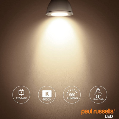 paul russells LED GU10 Light Bulb, 7W 560 Lumens, 75w Equivalent, 4000K Cool White, Ceiling Spotlights, Pack of 20