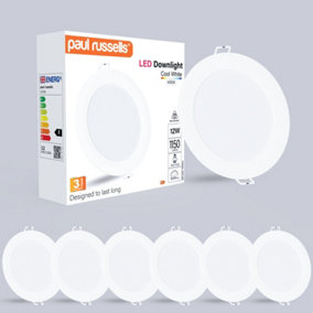 paul russells LED Round Panel Ceiling Lights, 12W 1150 Lumens, Spotlights, IP20, 4000K Cool White, Pack of 6