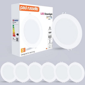 paul russells LED Round Panel Ceiling Lights, 16W 1600 Lumens, Spotlights, IP20, 4000K Cool White, Pack of 6