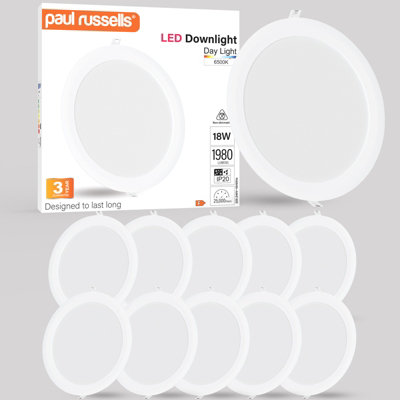 paul russells LED Round Panel Ceiling Lights, 18W 1980 Lumens, Spotlights, IP20, 6500K Day Light, Pack of 10