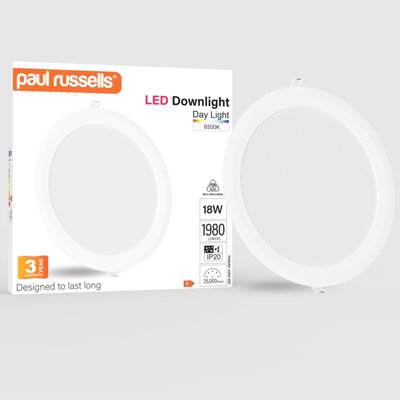 paul russells LED Round Panel Ceiling Lights, 18W 1980 Lumens, Spotlights, IP20, 6500K Day Light, Pack of 1
