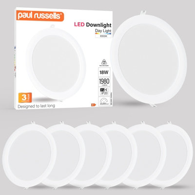 paul russells LED Round Panel Ceiling Lights, 18W 1980 Lumens, Spotlights, IP20, 6500K Day Light, Pack of 6