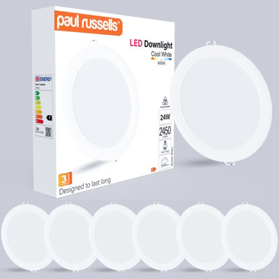 paul russells LED Round Panel Ceiling Lights, 24W 2450 Lumens, Spotlights, IP20, 4000K Cool White, Pack of 6