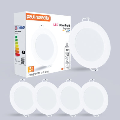 paul russells LED Round Panel Ceiling Lights, 8W 750 Lumens, Spotlights, IP20, 4000K Cool White, Pack of 4