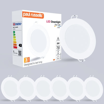 paul russells LED Round Panel Ceiling Lights, 8W 750 Lumens, Spotlights, IP20, 4000K Cool White, Pack of 6