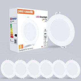paul russells LED Round Panel Ceiling Lights, 8W 750 Lumens, Spotlights, IP20, 4000K Cool White, Pack of 6