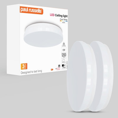 paul russells LED Round Panel Modern Ceiling Lights, 12W 1200 Lumens, IP44, 4000K Cool White, Pack of 2
