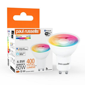 paul russells LED Smart Light Bulb GU10, 4.8W, Dimmable, 50W Equivalent, RGB+2700K-6500K Colour Changing Spotlight Bulbs, WiFi