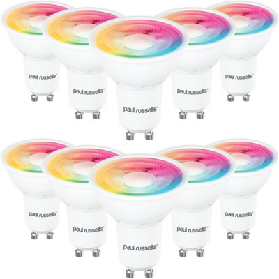 paul russells LED Smart Light Bulb GU10, 4.8W, Dimmable, 50W Equivalent, RGB+2700K-6500K Spotlight Bulbs, WiFi, Pack of 10