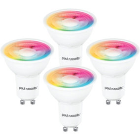 paul russells LED Smart Light Bulb GU10, 4.8W, Dimmable, 50W Equivalent, RGB+2700K-6500K Spotlight Bulbs, WiFi, Pack of 4