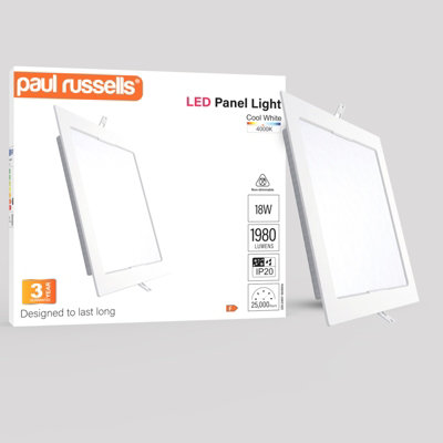 paul russells LED Square Panel Ceiling Lights, 18W 1980 Lumens, Spotlights, IP20, 4000K Cool White, Pack of 1