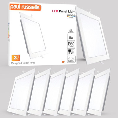 paul russells LED Square Panel Ceiling Lights, 18W 1980 Lumens, Spotlights, IP20, 4000K Cool White, Pack of 6