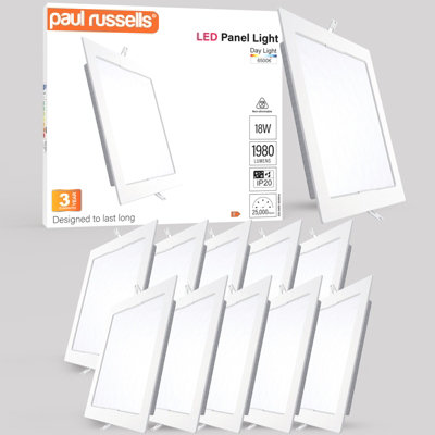 paul russells LED Square Panel Ceiling Lights, 18W 1980 Lumens, Spotlights, IP20, 6500K Day Light, Pack of 10
