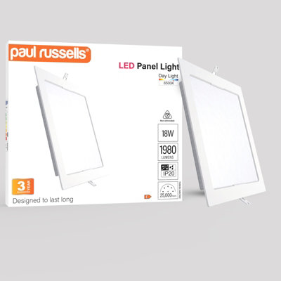 paul russells LED Square Panel Ceiling Lights, 18W 1980 Lumens, Spotlights, IP20, 6500K Day Light, Pack of 1