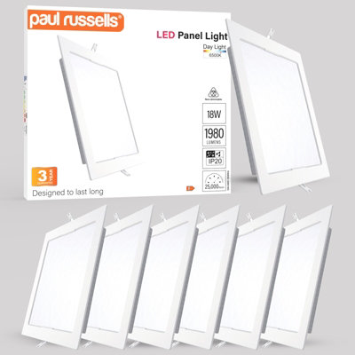 paul russells LED Square Panel Ceiling Lights, 18W 1980 Lumens, Spotlights, IP20, 6500K Day Light, Pack of 6