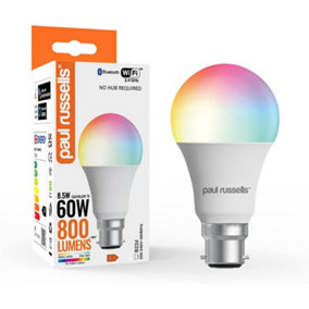 paul russells Smart LED Light Bulbs GLS, 8.5W B22 Bayonet BC Cap, 60W No Hub Required, Multicolor, RGBCW 2700K-6500K Wi-Fi