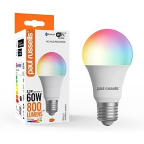 paul russells Smart LED Light Bulbs GLS, 8.5W E27 Edison Screw ES Cap, 60W, No Hub Required, Multicolor, RGB+ 2700K-6500K Wi-Fi