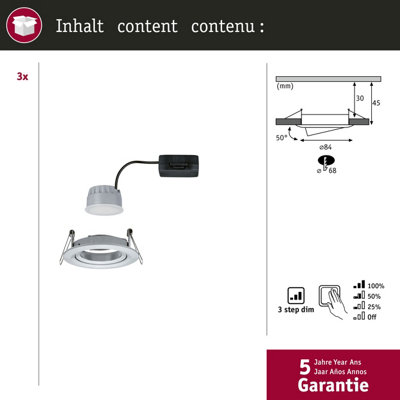 Paulmann 93863 Kit encastrés Premium Coin Slim, rond, orientable, LED 1x6,8W, 2700K, 230V, 51mm, Blanc mat/Alu