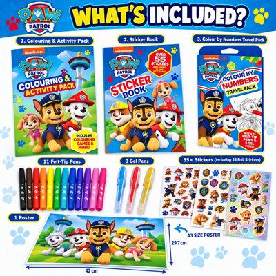 Paw Patrol 3 Piece Activity Set, Colour by Numbers Travel Pack ...