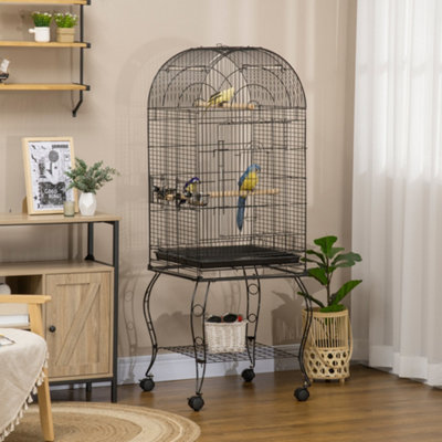 View of PawHut 1.53(m) Bird Cage, Parrot Finch Macaw Conure w/ Perch, Wheels, Stand
