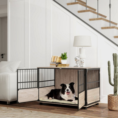 PawHut 100cm Dog Crate Furniture Dog Cage End Table Indoor w Doors Cushion