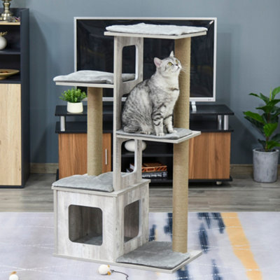 PawHut 114cm Cat Tree Tower, Climbing Frame w/ Scratching Posts, Cat House, Grey Price Comparisons | Compare The Build