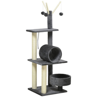 PawHut 121cm Cat Tree Tower for Indoor Cats Kitten Activity Centre Scratching Post with Bed Tunnel Perch Interactive Ball Toy Grey