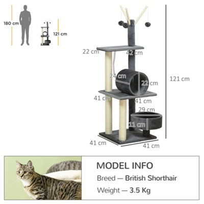 PawHut 121cm Cat Tree Tower for Indoor Cats Kitten Activity Centre Scratching Post with Bed Tunnel Perch Interactive Ball Toy Grey