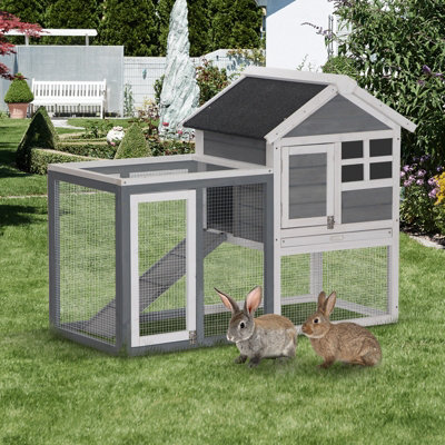 PawHut 122cm Wooden Rabbit Hutch Bunny Cage Pet House with Tray Ladder Run,Grey