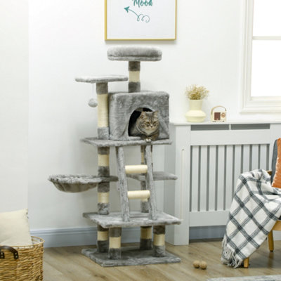 PawHut 132cm Multi Activity Cat Tree w House Baskets Ladder Scratch Post Grey DIY at B Q