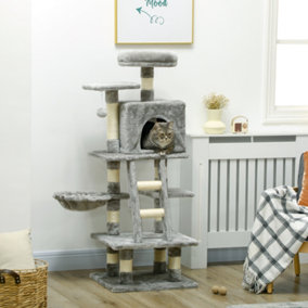 PawHut 132cm Multi-Activity Cat Tree w/ House, Bed, Ladder, Scratch Post - Grey