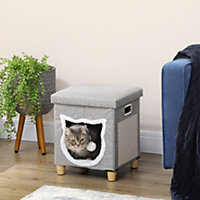 PawHut 2 in 1 Cat Bed Ottoman, Comfortable Cat Sleeping Cave House w/ Removable Cushion, Scratching Pad, Handles - Grey