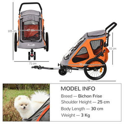 PawHut 2 IN 1 Dog Bike Trailer 360 Degrees Rotatable Front Wheel Reflectors Parking Straps Hitch Coupler Water Resistant Orange - 3