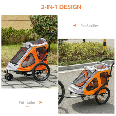 PawHut 2 IN 1 Dog Bike Trailer 360 Degrees Rotatable Front Wheel Reflectors Parking Straps Hitch Coupler Water Resistant Orange - 4