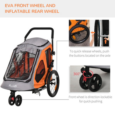 PawHut 2 IN 1 Dog Bike Trailer 360 Degrees Rotatable Front Wheel Reflectors Parking Straps Hitch Coupler Water Resistant Orange - 8
