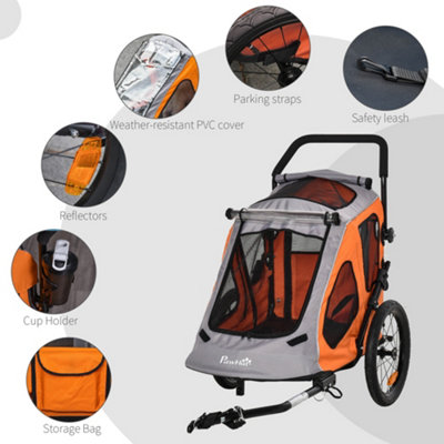 PawHut 2 IN 1 Dog Bike Trailer 360 Degrees Rotatable Front Wheel Reflectors Parking Straps Hitch Coupler Water Resistant Orange - 9