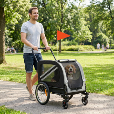 PawHut 2-In-1 Dog Bike Trailer Foldable Stroller w/ Reflector Flag Grey