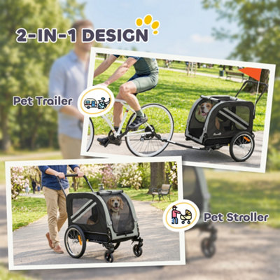 PawHut 2-In-1 Dog Bike Trailer Foldable Stroller w/ Reflector Flag Grey