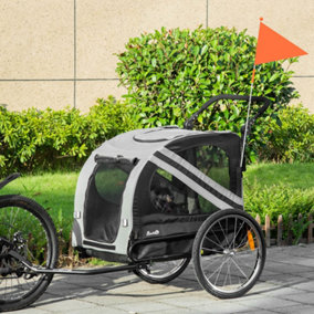 PawHut 2-In-1 Dog Bike Trailer Stroller w/ Universal Wheel Reflector Flag Grey