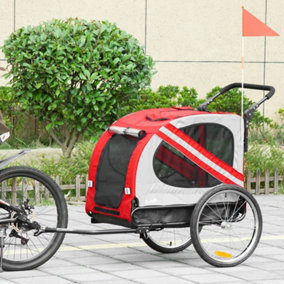 PawHut 2-In-1 Dog Bike Trailer Stroller w/ Universal Wheel Reflector Flag Red
