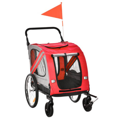 PawHut 2-In-1 Dog Bike Trailer Stroller w/ Universal Wheel Reflector Flag Red