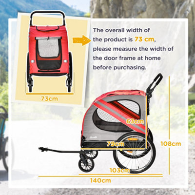 PawHut 2-In-1 Dog Bike Trailer Stroller w/ Universal Wheel Reflector Flag Red - 3